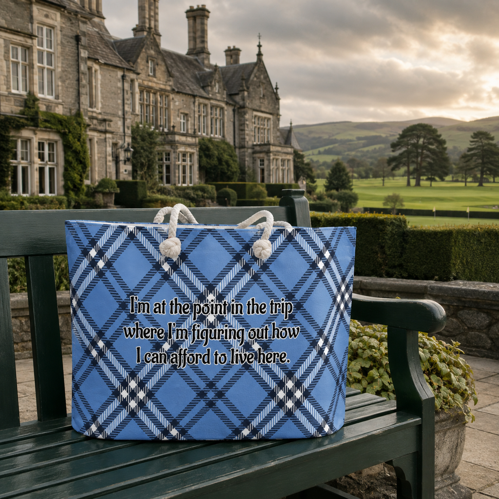 At the Point in the Trip... Blue Plaid Beach Bag | Funny Travel Tote for Vacation Lovers