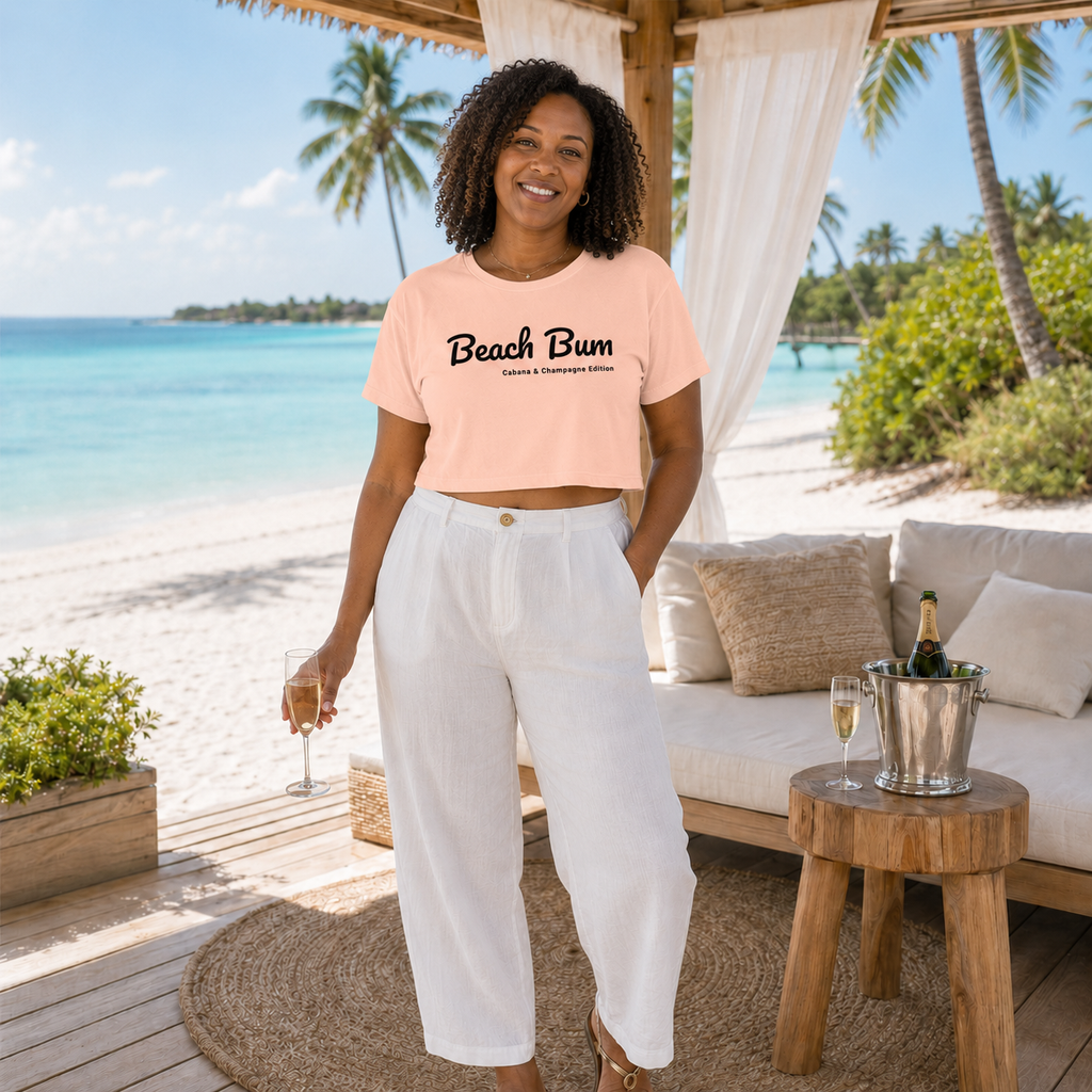 Beach Bum: Cabana & Champagne Edition Pink Crop Top | Resort Vacation Graphic Tee