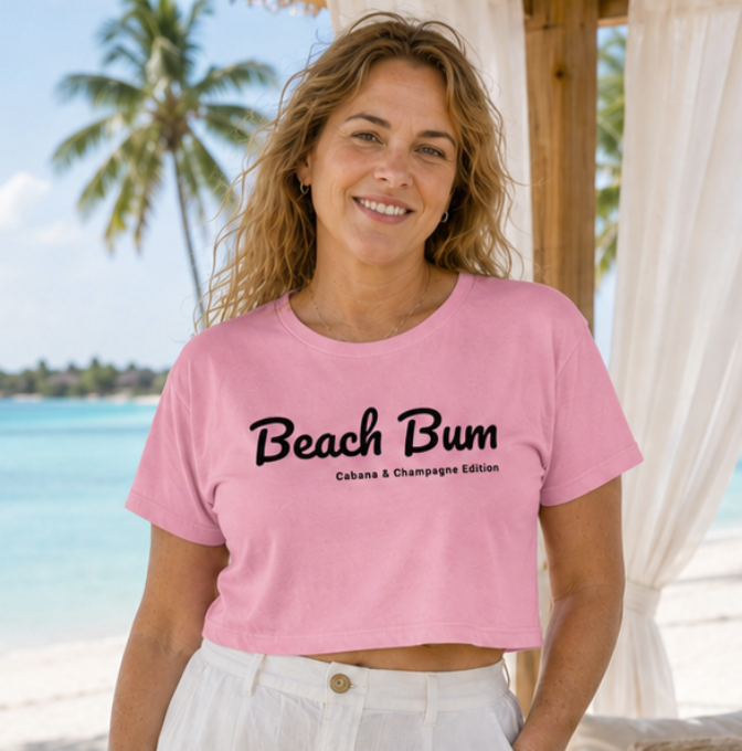 Beach Bum: Cabana & Champagne Edition Pink Crop Top | Resort Vacation Graphic Tee