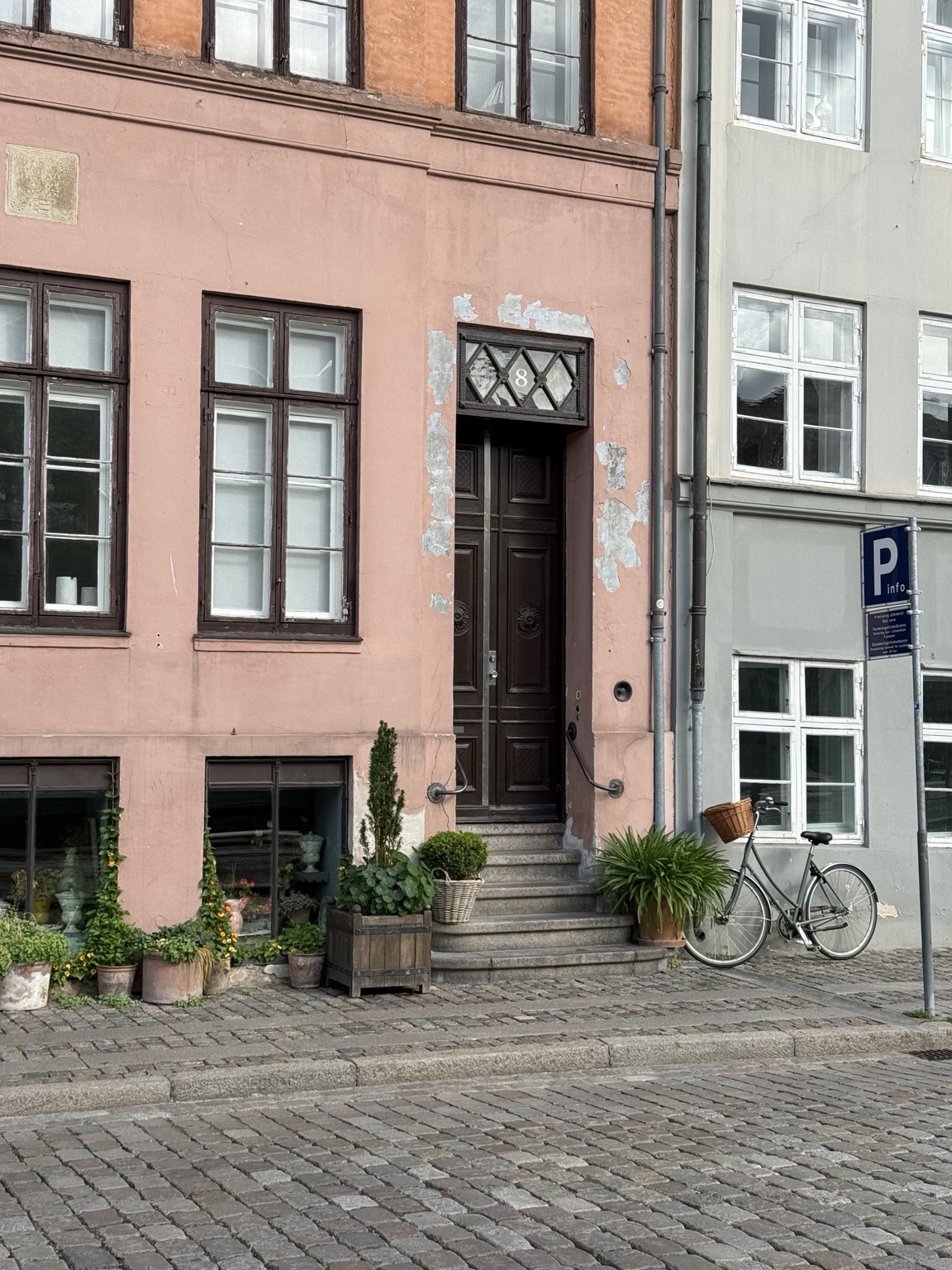 A pink Copenhagen facade with a dark wooden doorway, potted plants and a bicycle