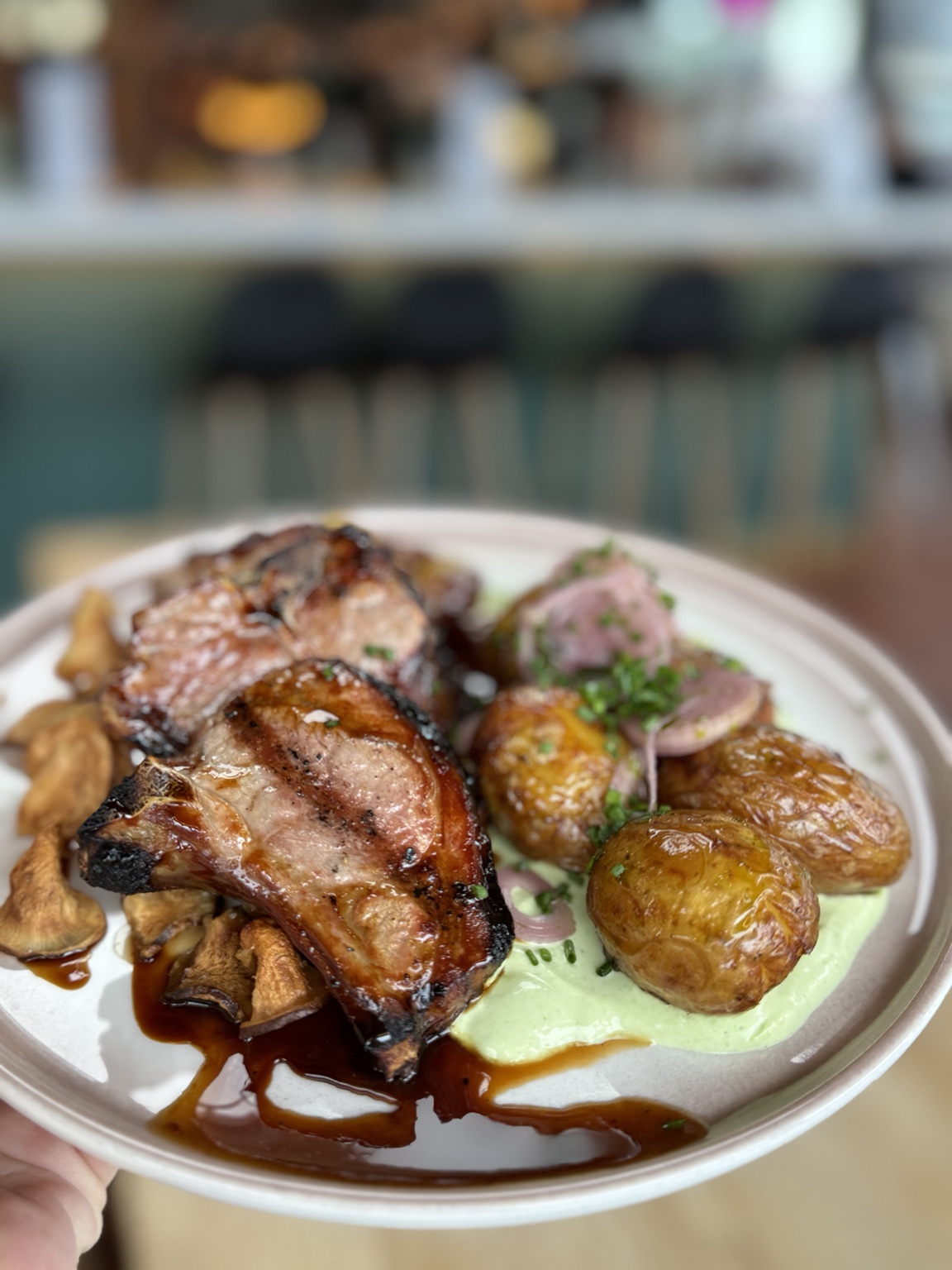 A plated meal with roasted potatoes and sauces at Hlemmur Mathöll