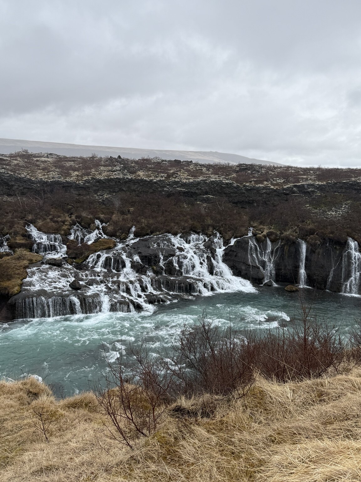 A wide waterfall flowing over dark lava rock in West Iceland