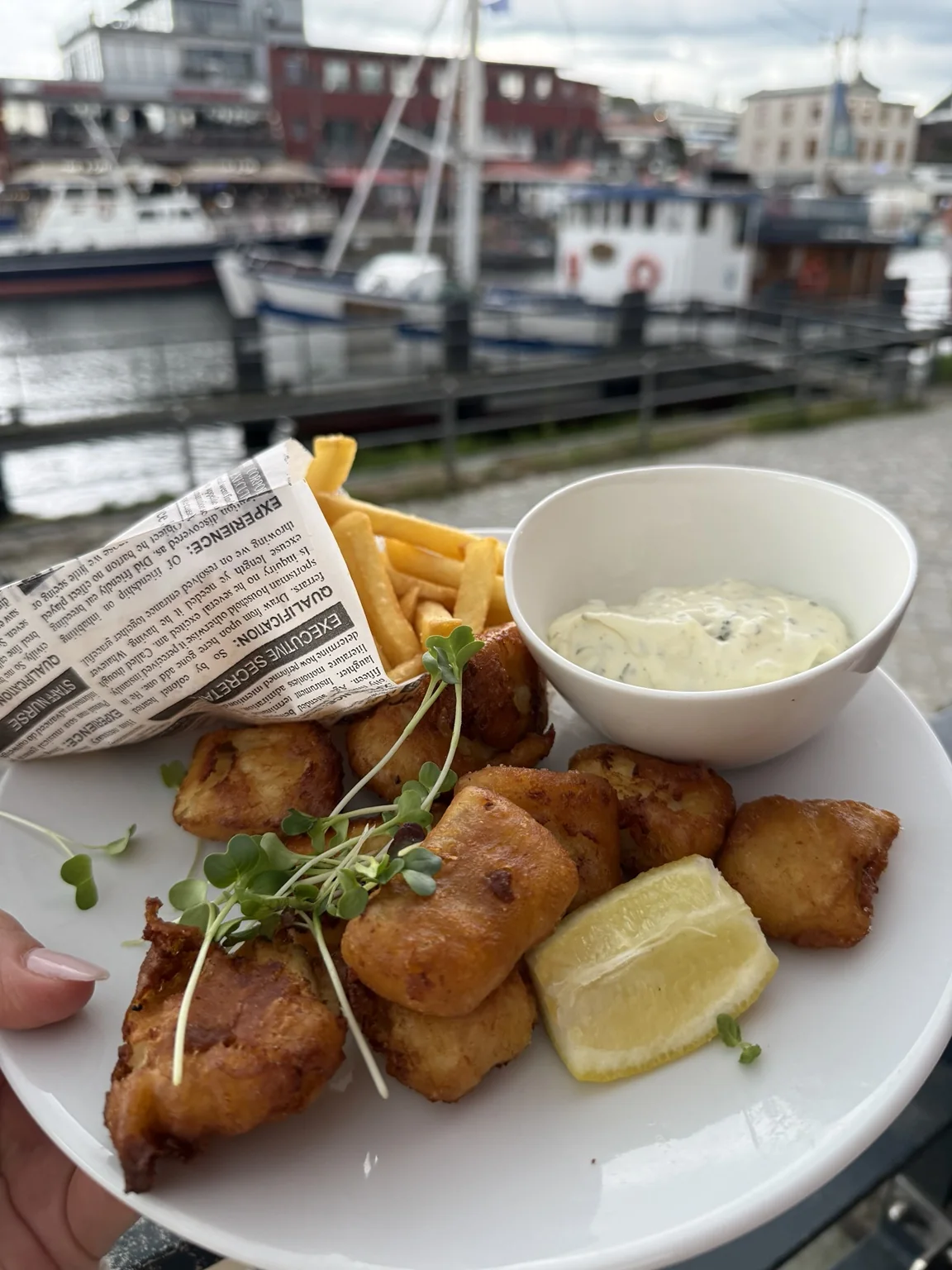 Fish and chips enjoyed beside the harbor in Warnemünde