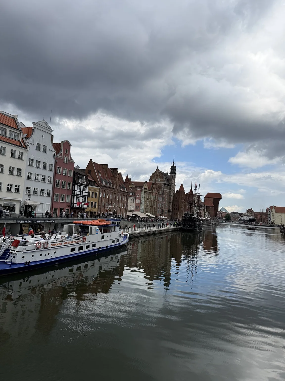 Historic façades and boats along the Gdańsk waterfront