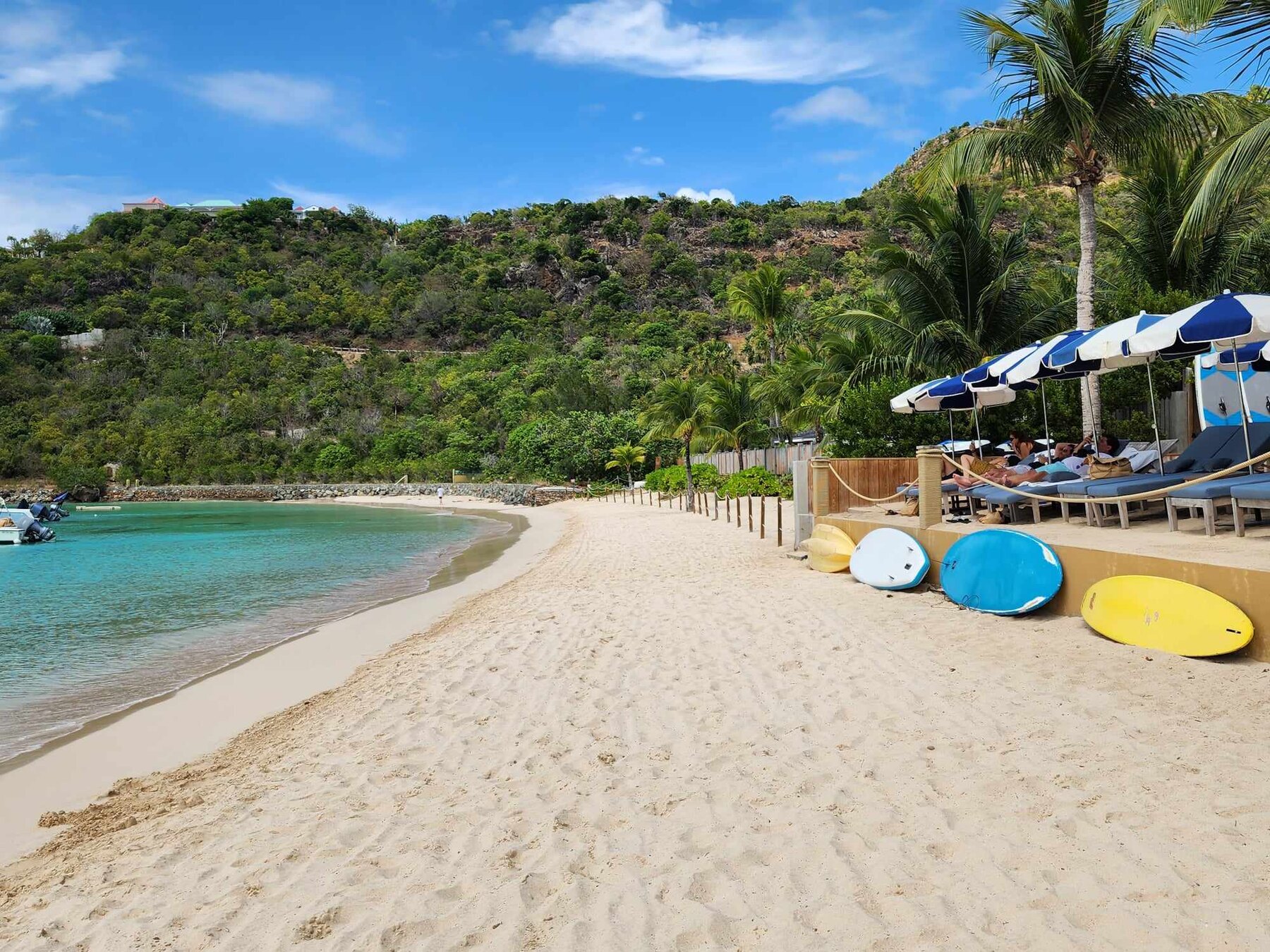 A tropical beach with turquoise water, palm trees and white sand in St. Barth