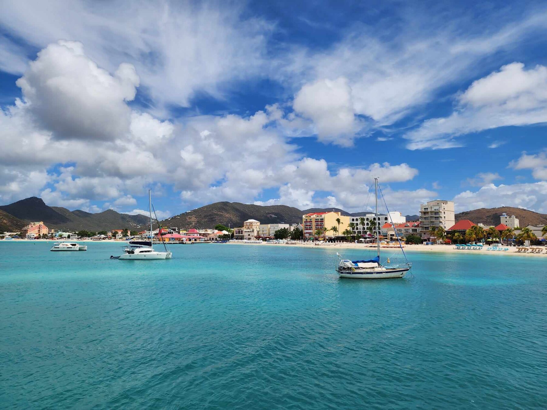The harbor and hills of Gustavia, St. Barth, seen from the ferry