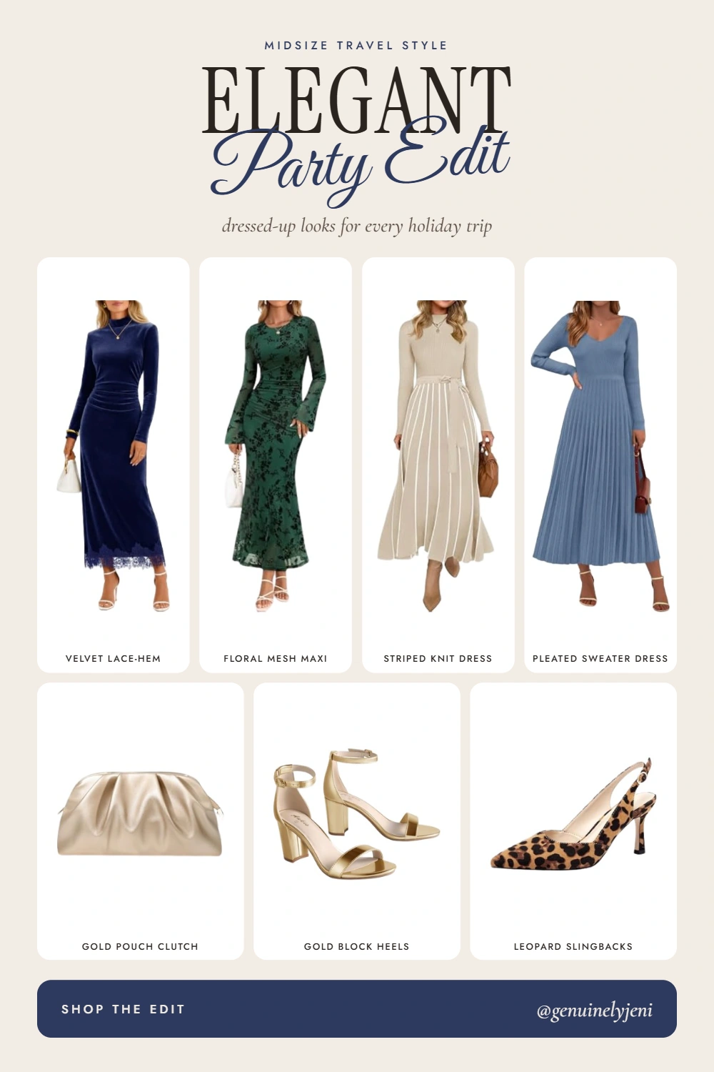 Elegant Party Edit collage with four long dresses, a gold pouch clutch, gold block heels and leopard slingbacks