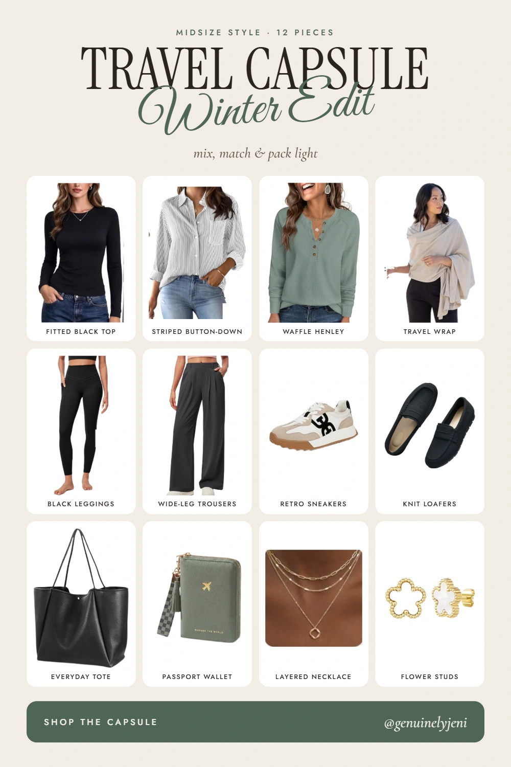 Travel Capsule Winter Edit collage showing 12 clothing and accessory pieces in black, gray, cream and soft green