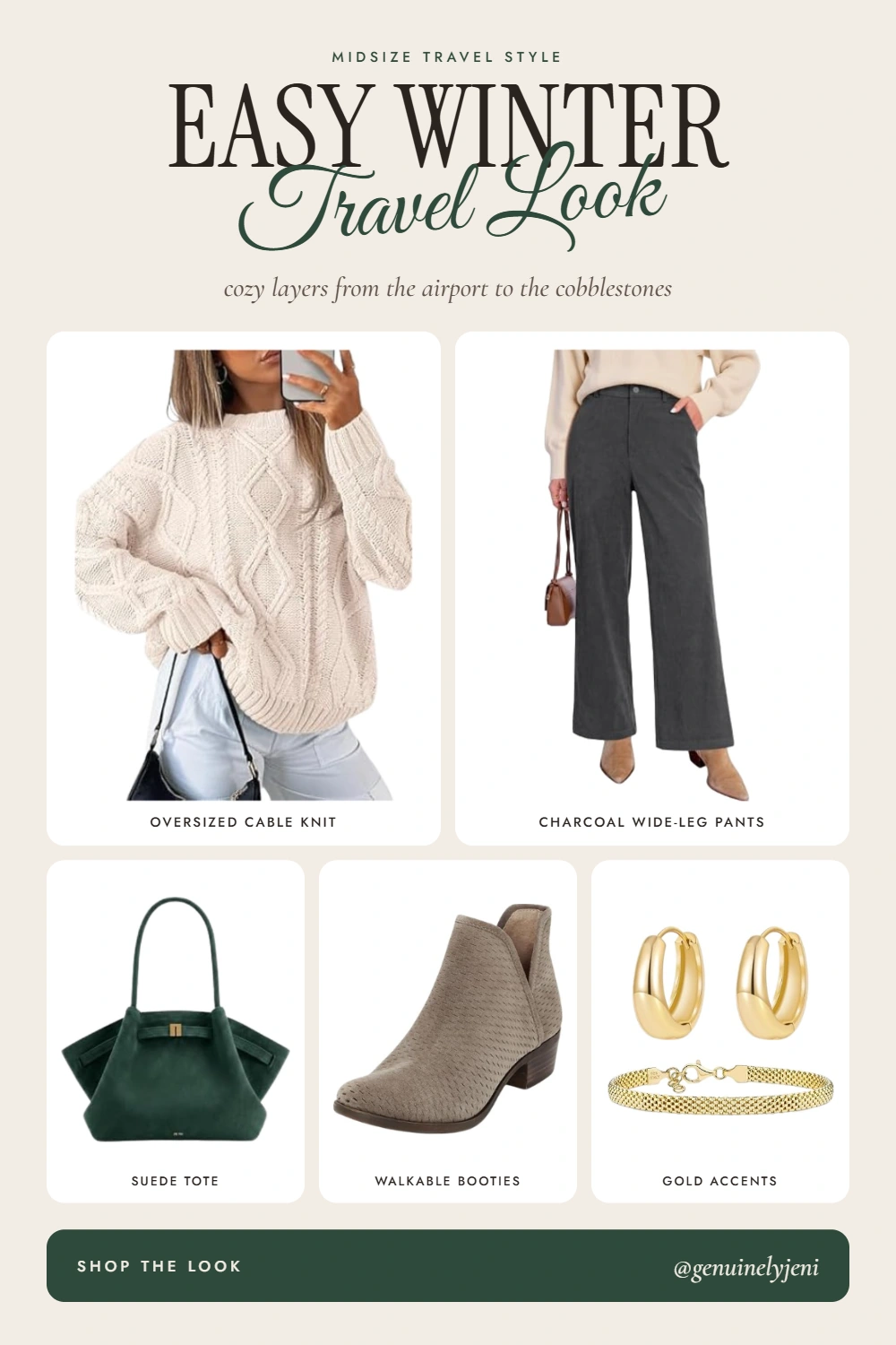 Easy Winter Travel Look collage with a cream cable-knit sweater, charcoal wide-leg pants, green tote, ankle boots and gold jewelry